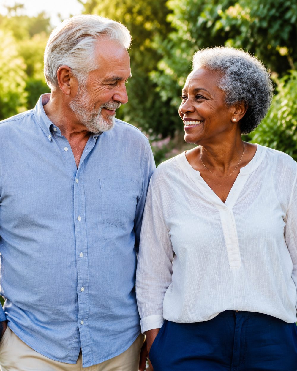 An older couple smiling together outdoors